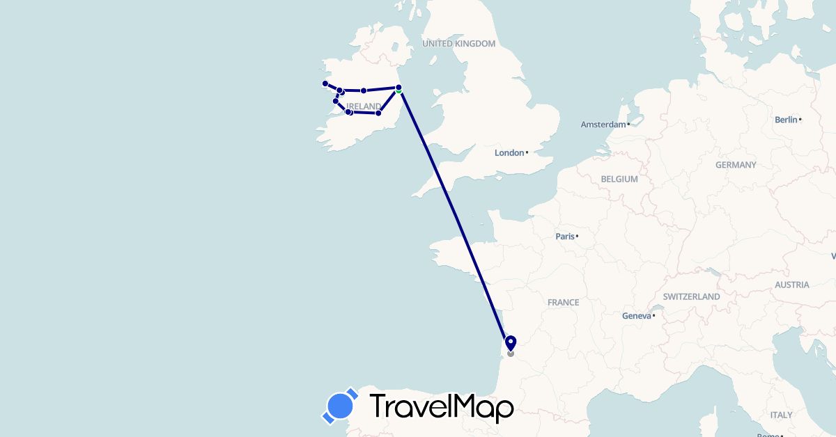 TravelMap itinerary: driving, bus, plane, hiking in France, Ireland (Europe)